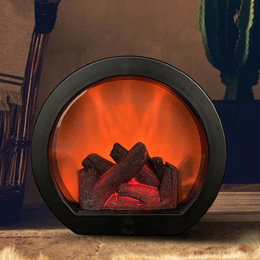 Black flame-effect fireplace light ornament with round window and glowing faux logs