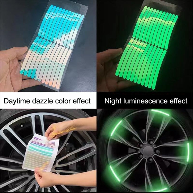 Rainbow and green glowing wheel hub stripe sticker sheets for day and night