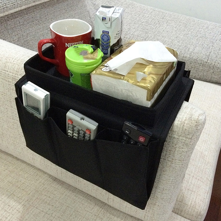 Black sofa armrest hang storage bag holding small items with multiple side compartments