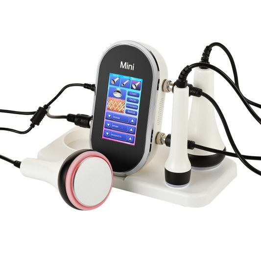 Mini RF beauty device with digital screen and white/black probe heads on base