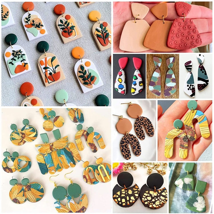 Handmade clay drop earrings featuring colorful printed designs on display