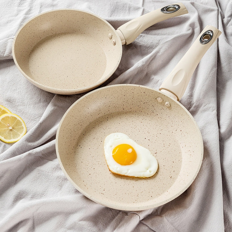 Two beige nonstick frying pans with fried egg in each skillet