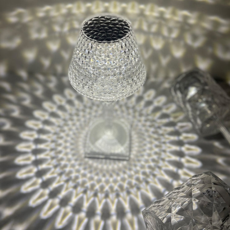 Clear crystal LED night light with faceted wine-glass shade and diamond-pattern glow