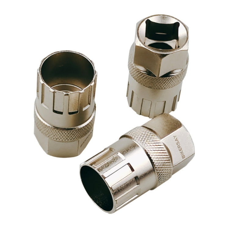 Bicycle flywheel tool pair, silver metal sockets with knurled rings and BIKERSAY mark