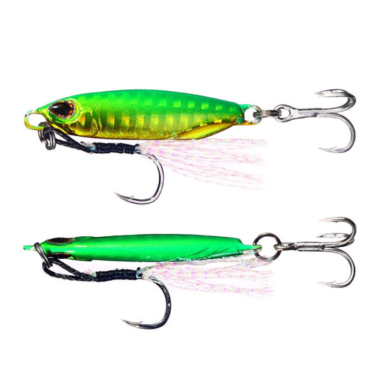 Pair of double-hook shore casting lures in green and dark blue with spangled details