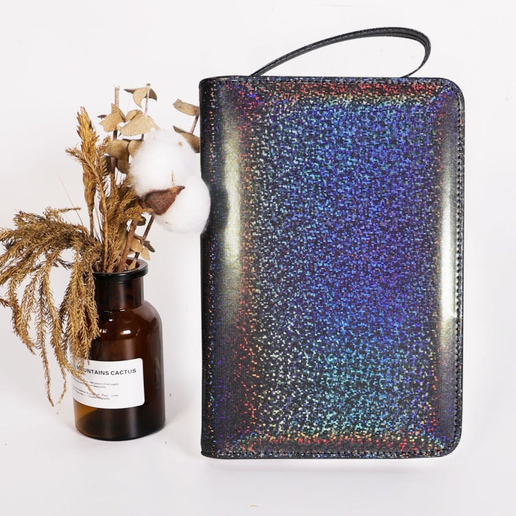 Glitter dark blue zip cash budgeting book with top handle, closed and ready to use