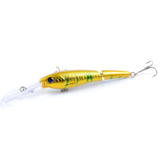 Gold plastic minnow fishing lure with blue eye, clear lip, two treble hooks