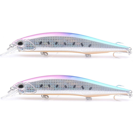 2-pack minnow fishing lures, metallic silver-blue with pink back, treble hooks