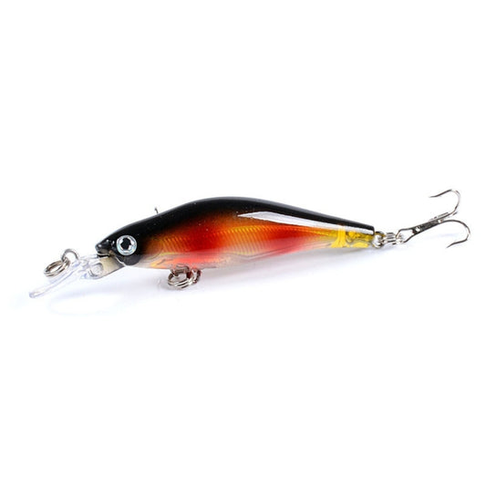 Hard plastic minnow lure, red-orange belly with black back; two treble hooks