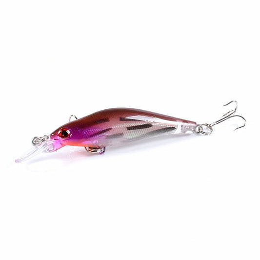 Hard plastic minnow lure, purple and silver body; two treble hooks