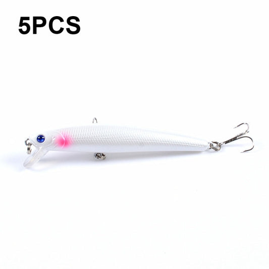 White floating minnow lure with blue eye, pink spot, and treble hooks