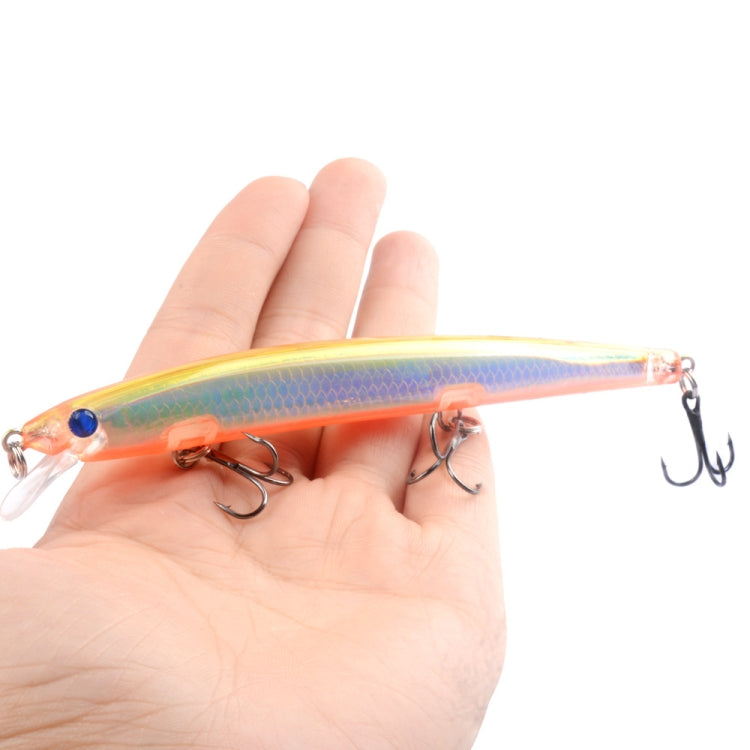 Hard minnow fishing lure, orange and blue with blue eye, treble hooks