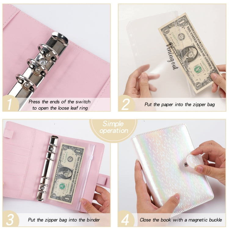 Pink PU loose-leaf cash budget notebook with binder rings, zipper money pouch, magnetic buckle