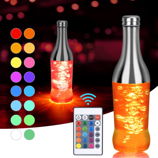 LED wine bottle light with remote control, warm orange glow in textured bottle