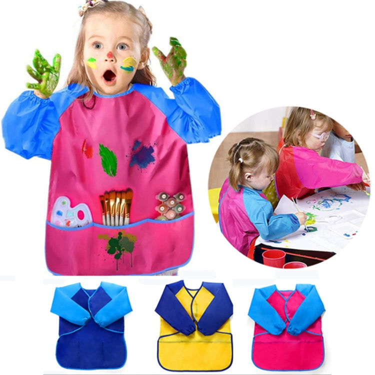 Kids painting smock cover-up, blue sleeves and pink apron with full front pocket