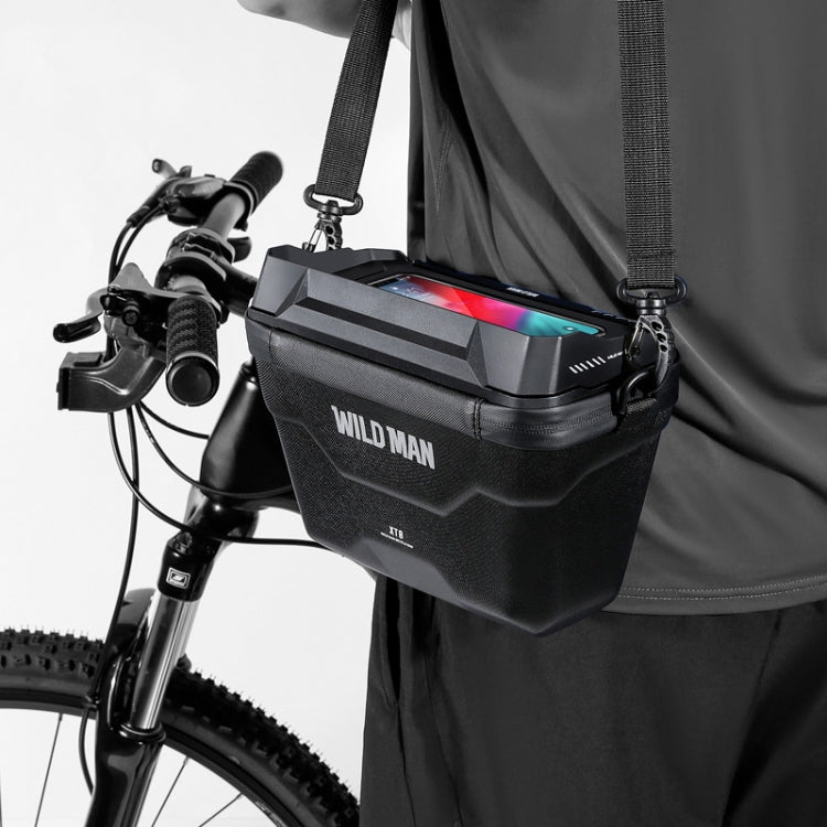 Black hard-shell bicycle handlebar bag with touch-screen window and mounting clips