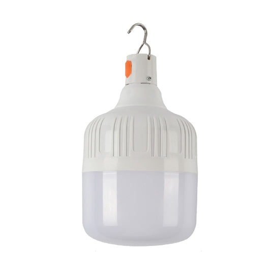 Hanging LED bulb light, white housing with metal hook and ribbed diffuser top