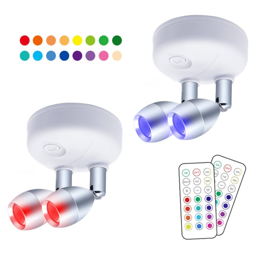 Wireless RGB spotlight set with remote, white base and dual silver adjustable heads