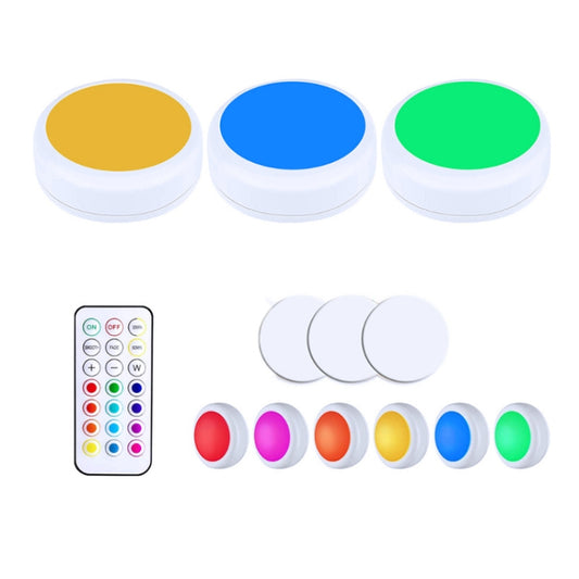 RGB cabinet puck lights with three color lenses and a single remote control