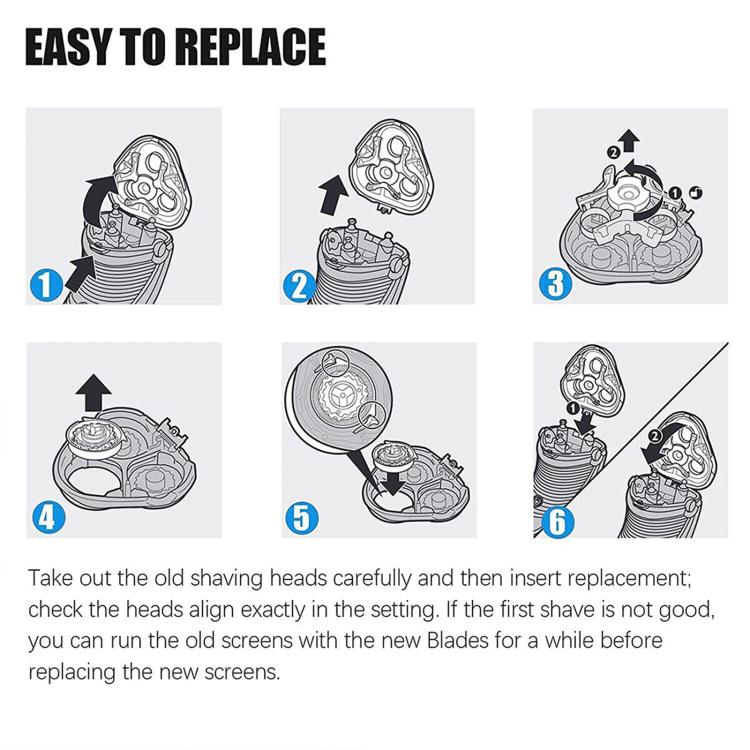 Shaver head replacement diagram showing removal and insertion of blade core