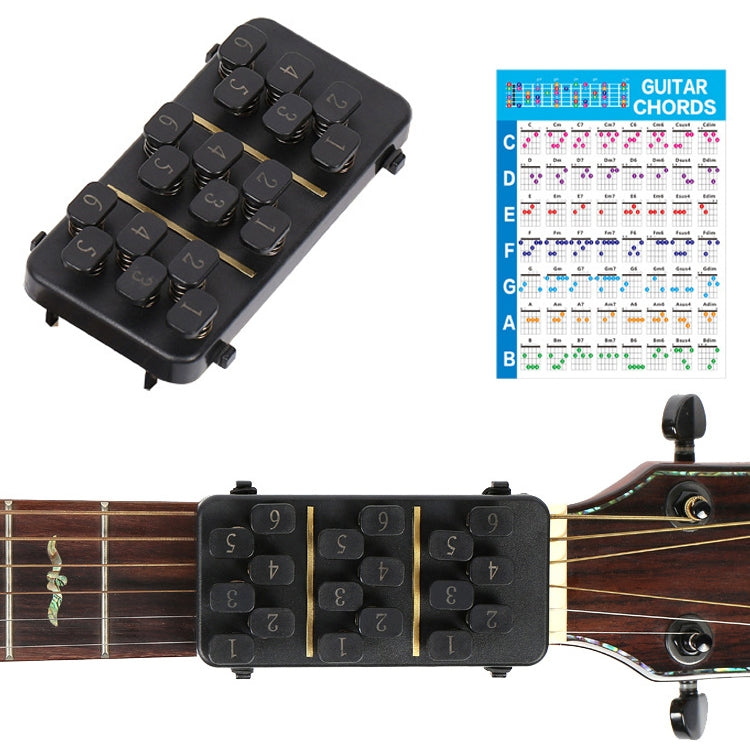 Black guitar chord assist tool with numbered pads and included chords chart