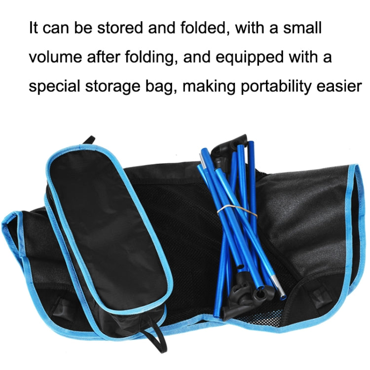 Blue folding lounge chair folded with included storage bag for portability