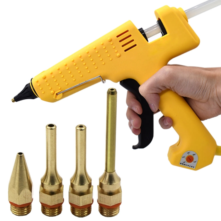 Yellow hot melt glue gun with copper fine-hole nozzle tips and threaded connections