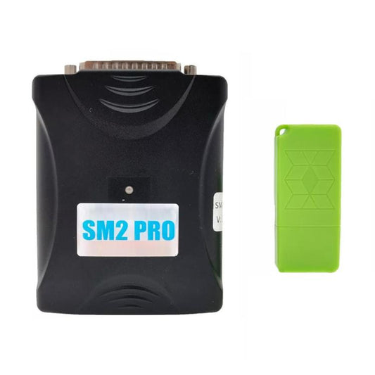 Black SM2 PRO J2534 VCI programming dongle with green adapter
