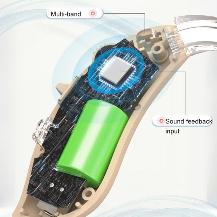 Beige hearing aid opened to show internal circuit board and green battery module