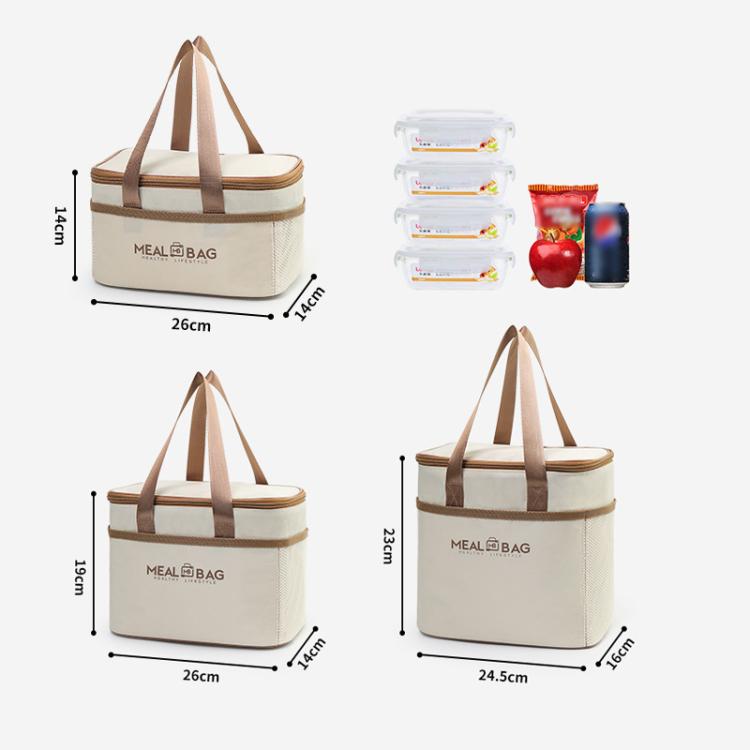 Cream insulated lunch bag in three sizes; dimensions shown with brown handles and zip-top