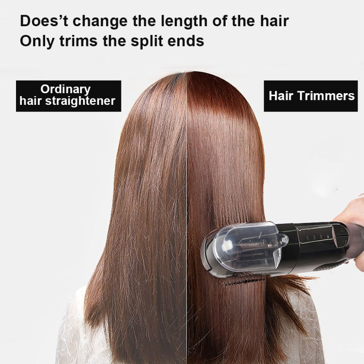 Handheld split-end trimmer with clear guard beside long straight hair, front view.
