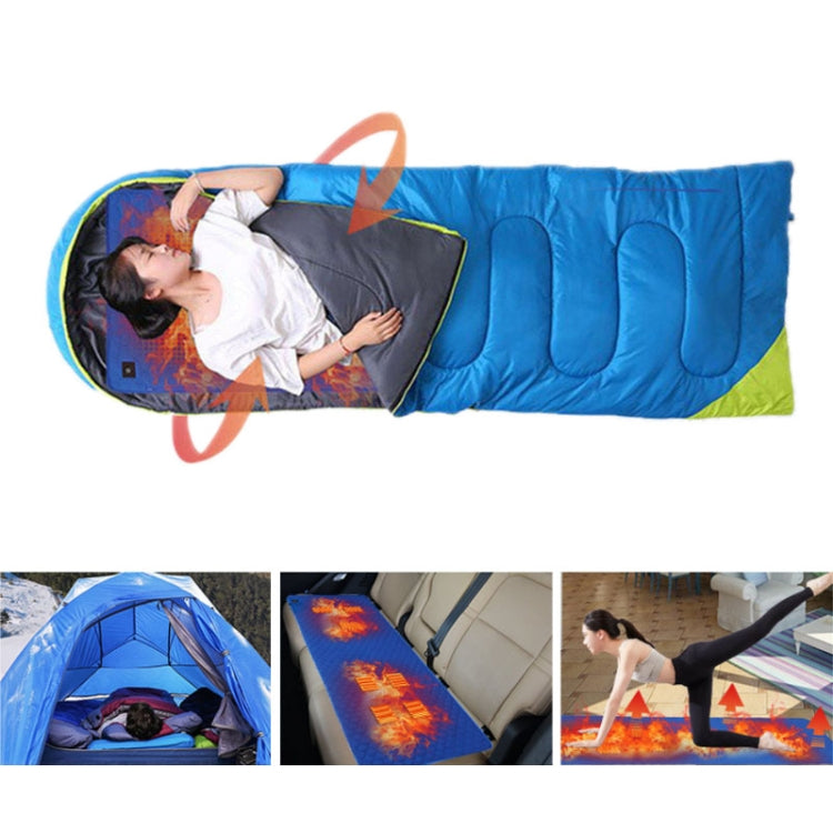 Blue and green heating sleeping bag pad with person lying inside, full-length