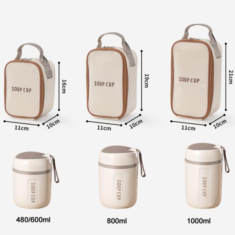 Size chart for insulated thermal tote bag: 480/600 ml, 800 ml, 1000 ml