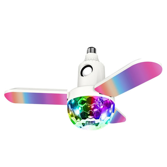 White RGB music atmosphere light with rainbow blades and glowing disco-ball lens on base.
