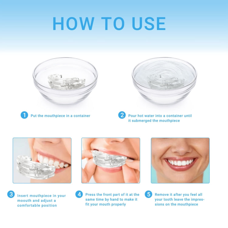 Clear dental tray mouthpiece soaking in container, shown with rinse and fitting steps