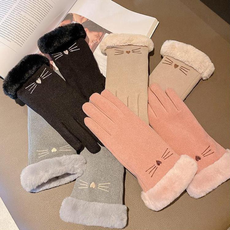 Assorted plush winter gloves in black, beige, pink, and gray with cat face embroidery