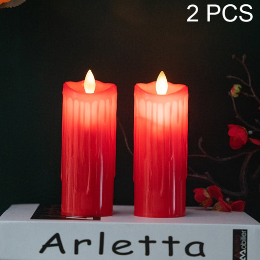 Set of 2 red LED flameless candles with glowing wick tips, cylindrical drip-style texture.