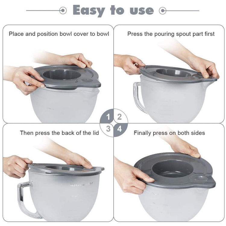 Gray bowl seal lid with pour-spout opening on mixer bowl during installation
