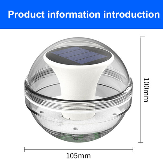 Solar floating pool light with white cap and solar panel, transparent spherical housing