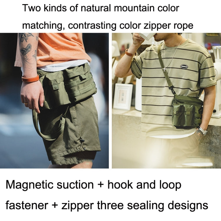 Green multi-pocket messenger bag worn crossbody with zip-sealed compartments.
