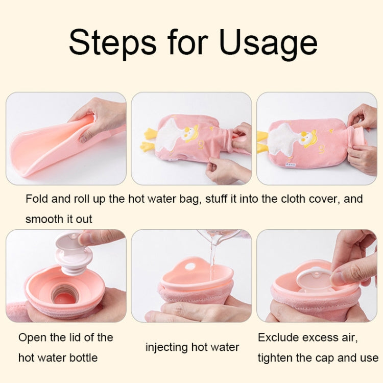 Pink hot water bottle usage steps: fold, fill with water, close cap, and tighten lid