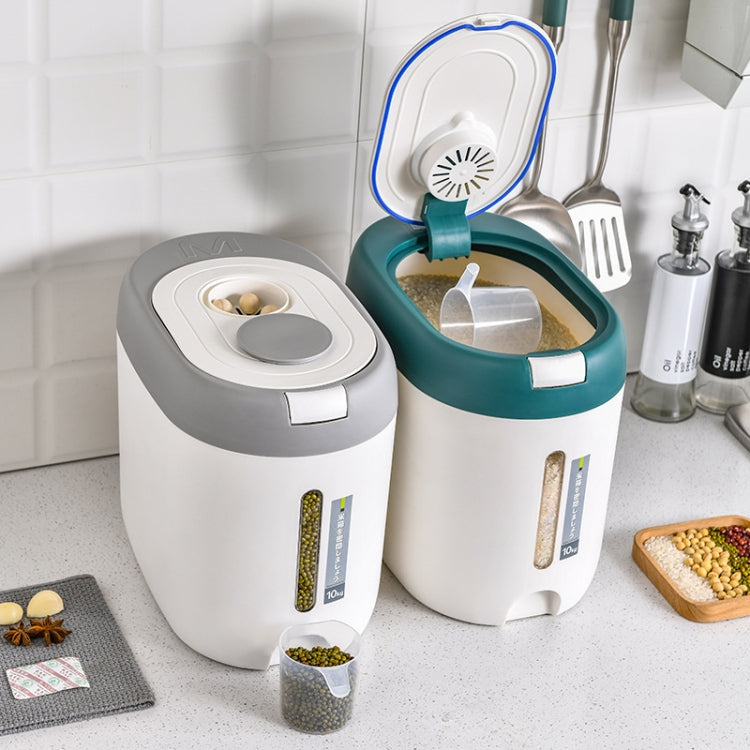 Gray and teal sealed rice storage buckets with hinged lids open