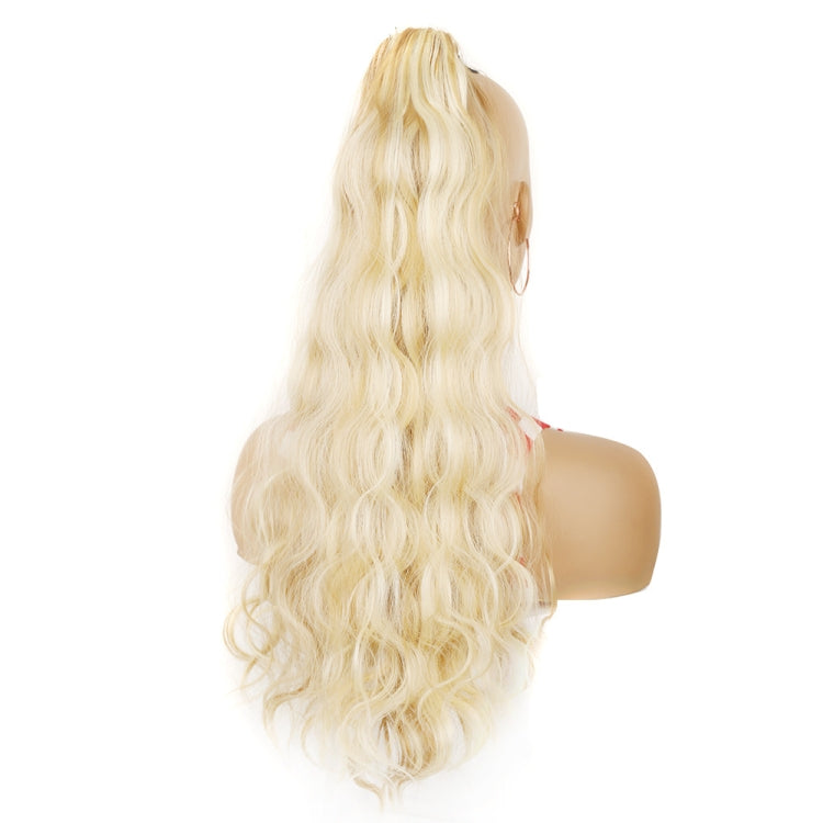 Adhesive tie-on high ponytail wig, long wavy curly blonde hairpiece