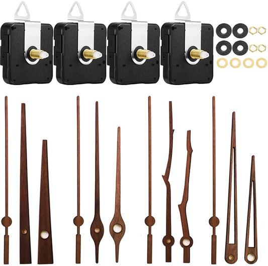 Quartz clock repair kit with four black movements, wooden clock hands, and mounting rings