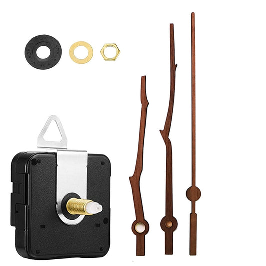 Quartz clock movement unit with wooden hour and minute hands and small metal rings