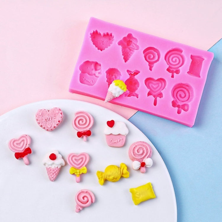 Pink silicone candy mold with heart, lollipop, and ice cream shaped sweets in cavities