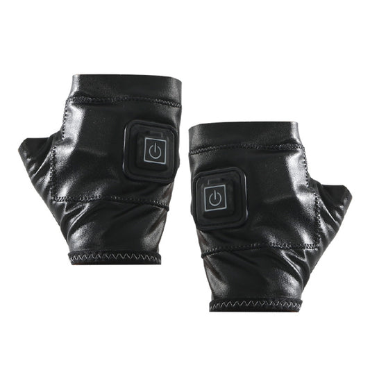 Black half-finger heating gloves with stitched cuffs and integrated power controls