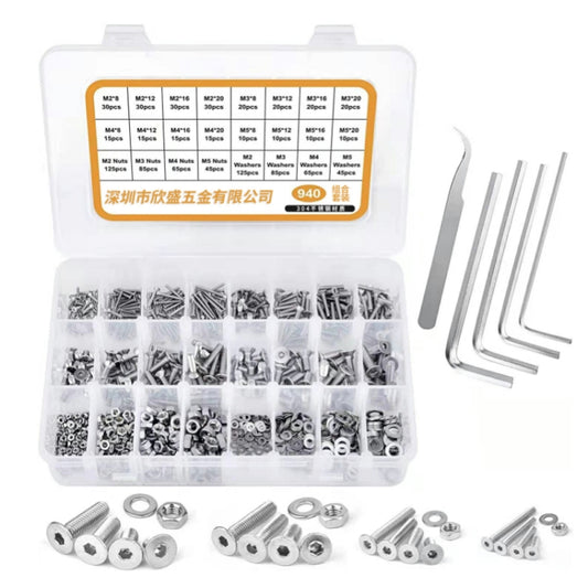 M2/M3/M4/M5 Flat Head Hexagon Socket Screws Gasket Ring Set, 940 PCS/Set