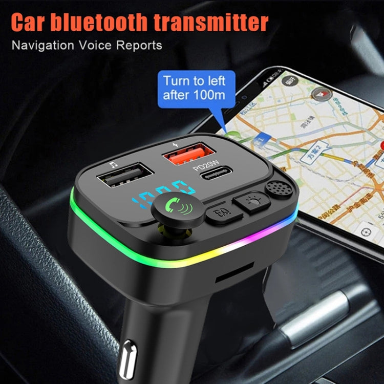 Car Bluetooth FM transmitter on dashboard with charging plug and USB ports
