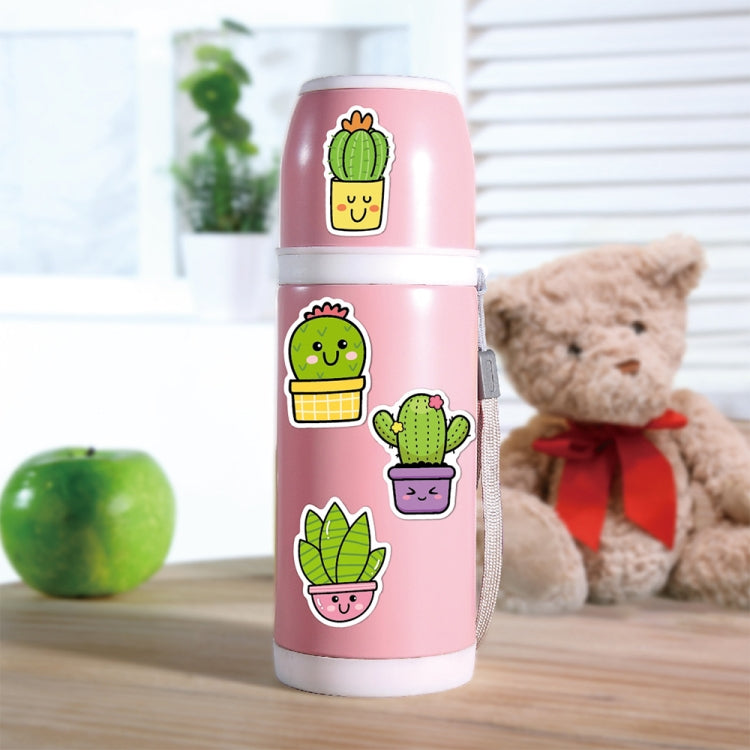 Cartoon cactus sticker on pink tumbler cup with potted cactus icons
